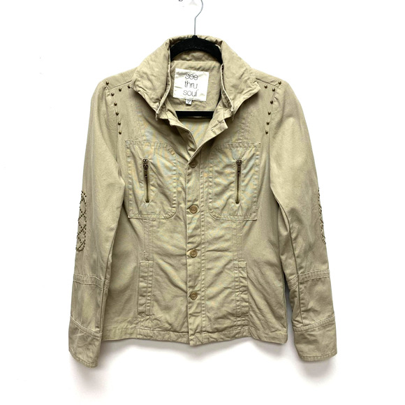 See Thru Soul Womens Green Studded Long Sleeve Button Front Military Jacket M - Picture 1 of 11